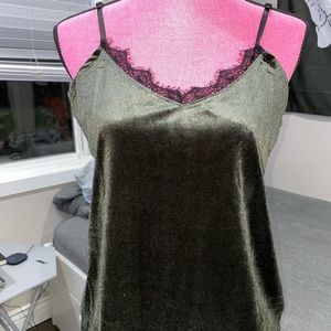Olive green black lace velvet top